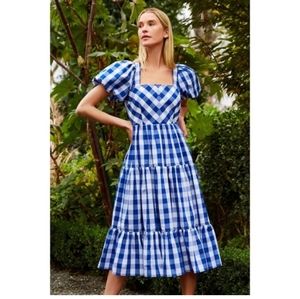 Antonio Melani Amara Short Puff Sleeved Blue Gingham Midi Dress